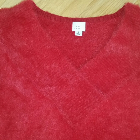 A New Day vneck fuzzy angora look sweater. Red. - Picture 2 of 2